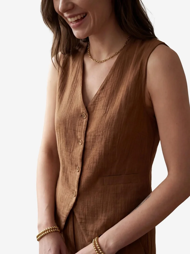 MY FASHION Coffee Brown MY FASHION Textured Cotton V-Neck Vest & Pants Two-Piece Set for Women | Best Price UAE
